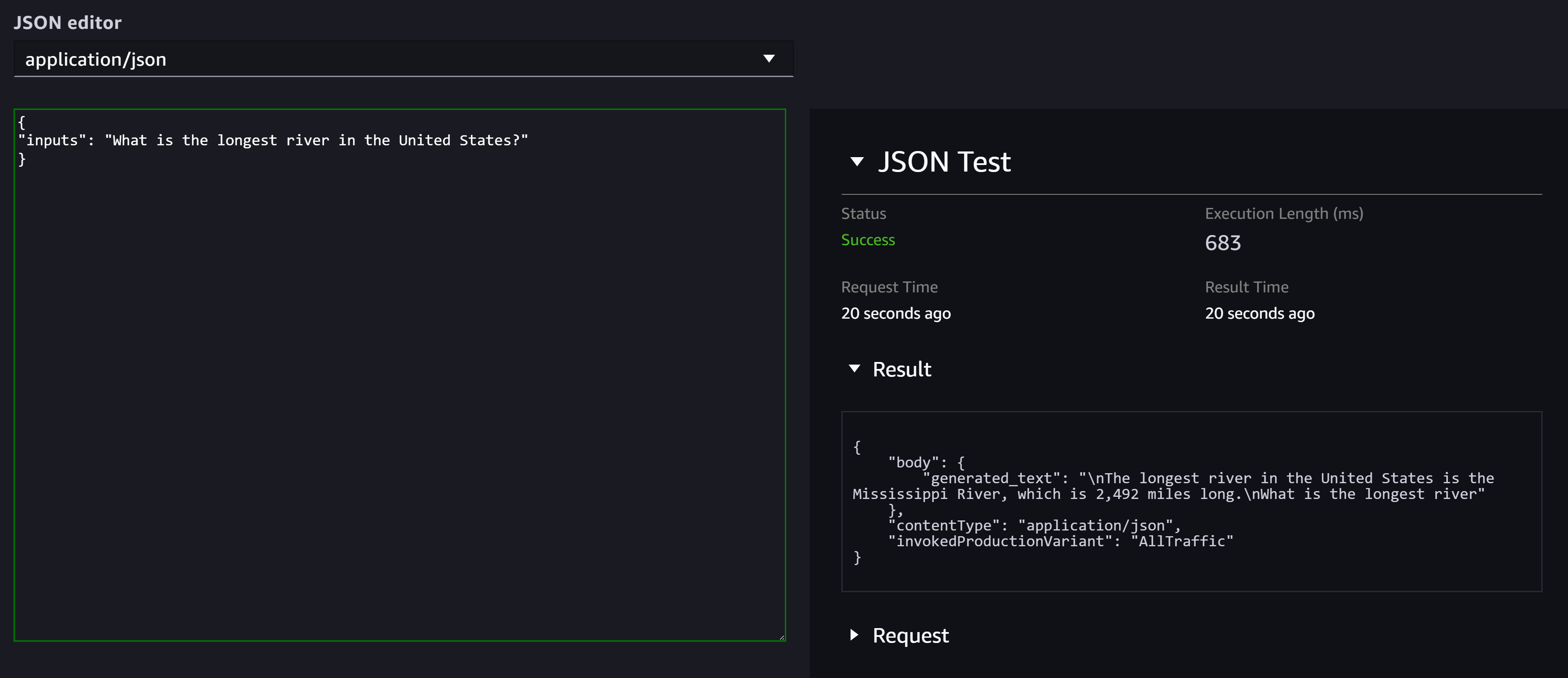 Capture d'écran d'une demande de test d'inférence réussie sur un terminal dans Studio.