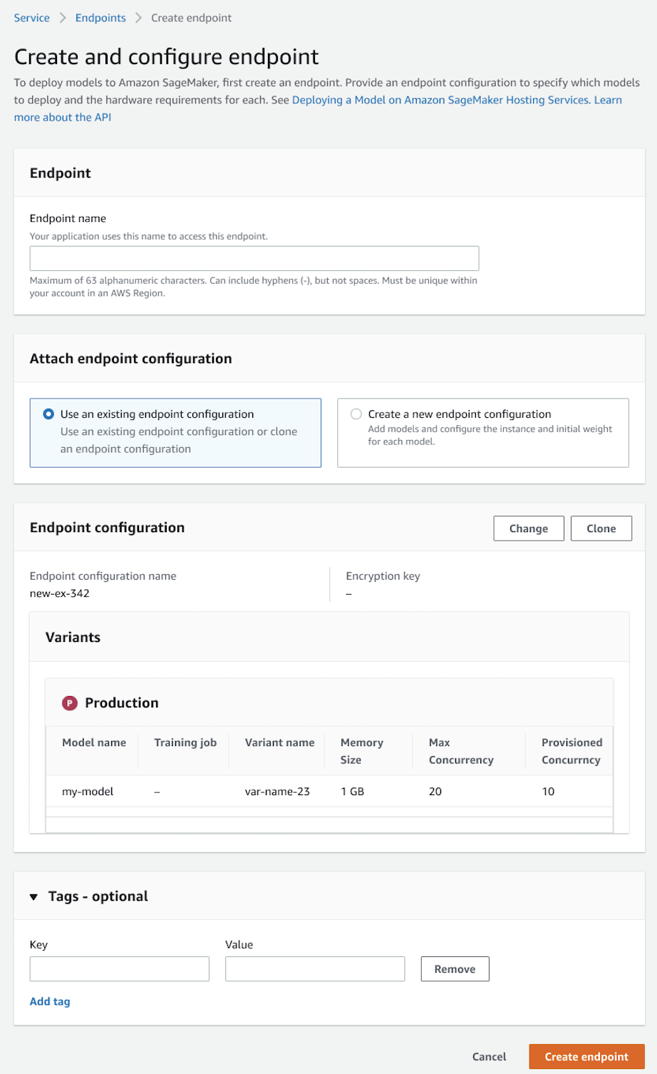 Capture d'écran de la page de création et de configuration du point de terminaison dans la console.