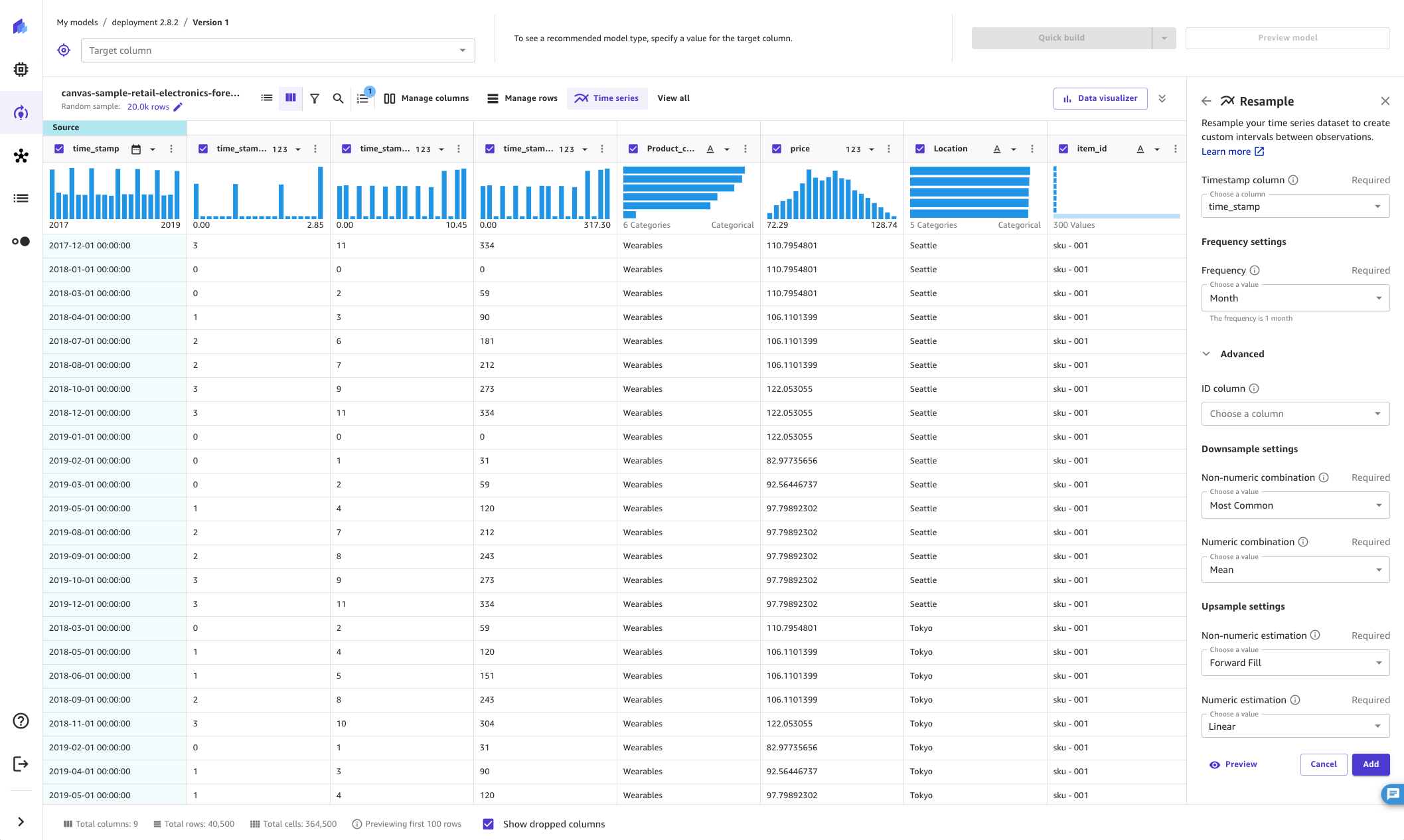 L'application Canvas, avec le panneau latéral de rééchantillonnage des séries chronologiques affichant les options avancées.