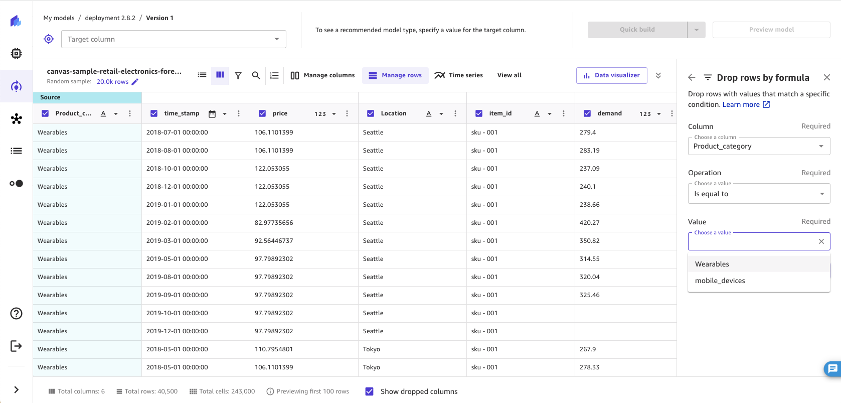 Capture d'écran de l'opération de suppression de lignes par valeurs personnalisées dans l'application SageMaker Canvas.