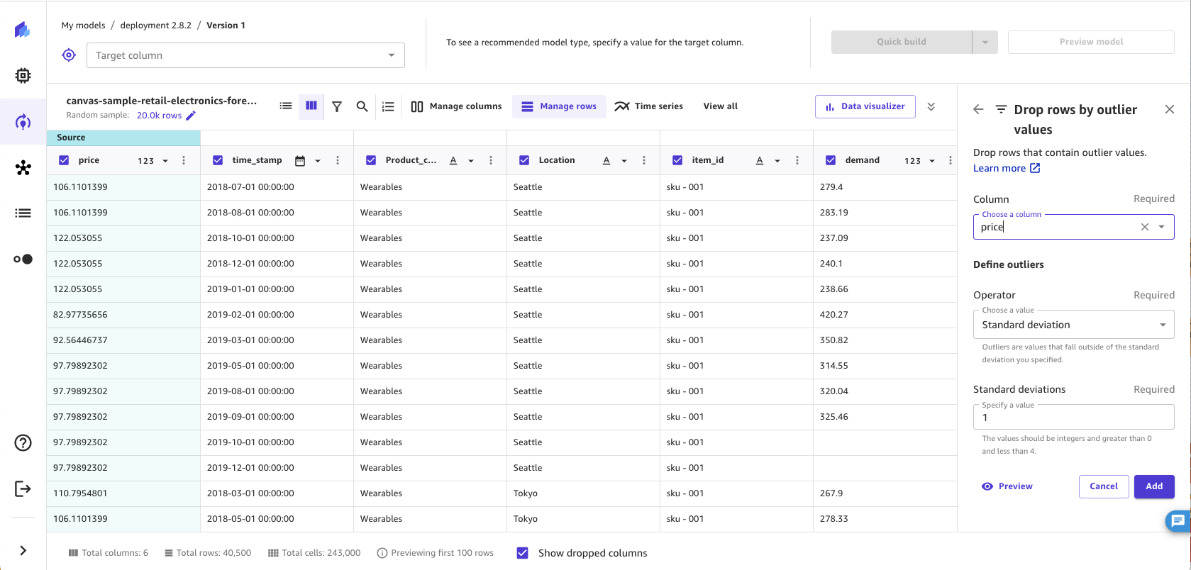 Capture d'écran de l'opération de suppression de lignes par valeurs aberrantes dans l'application SageMaker Canvas.