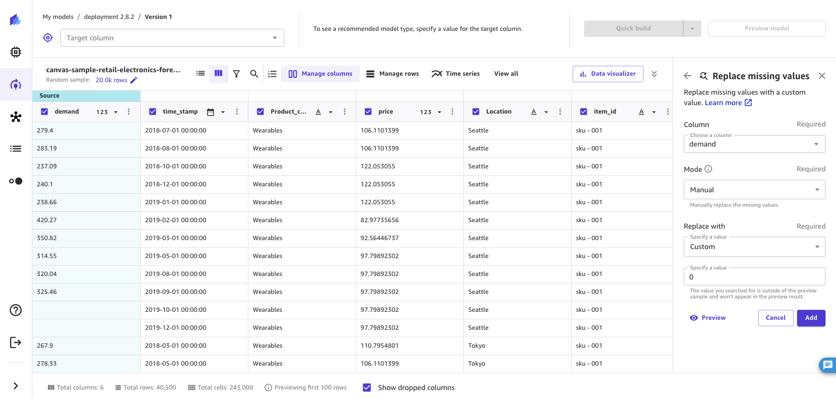 Capture d'écran de l'opération de remplacement des valeurs manquantes dans l'application SageMaker Canvas.