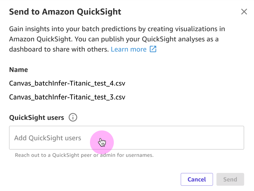 La boîte de QuickSight dialogue Envoyer vers Amazon.