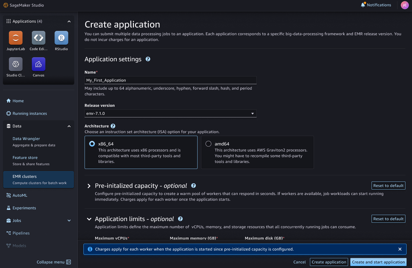 Formulaire de création d'une application EMR Serverless depuis Studio.