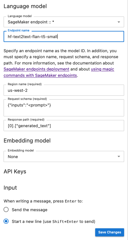 Panneau de configuration de l'interface utilisateur de chat configuré pour invoquer un modèle Flan-T5-small fourni par. JumpStart