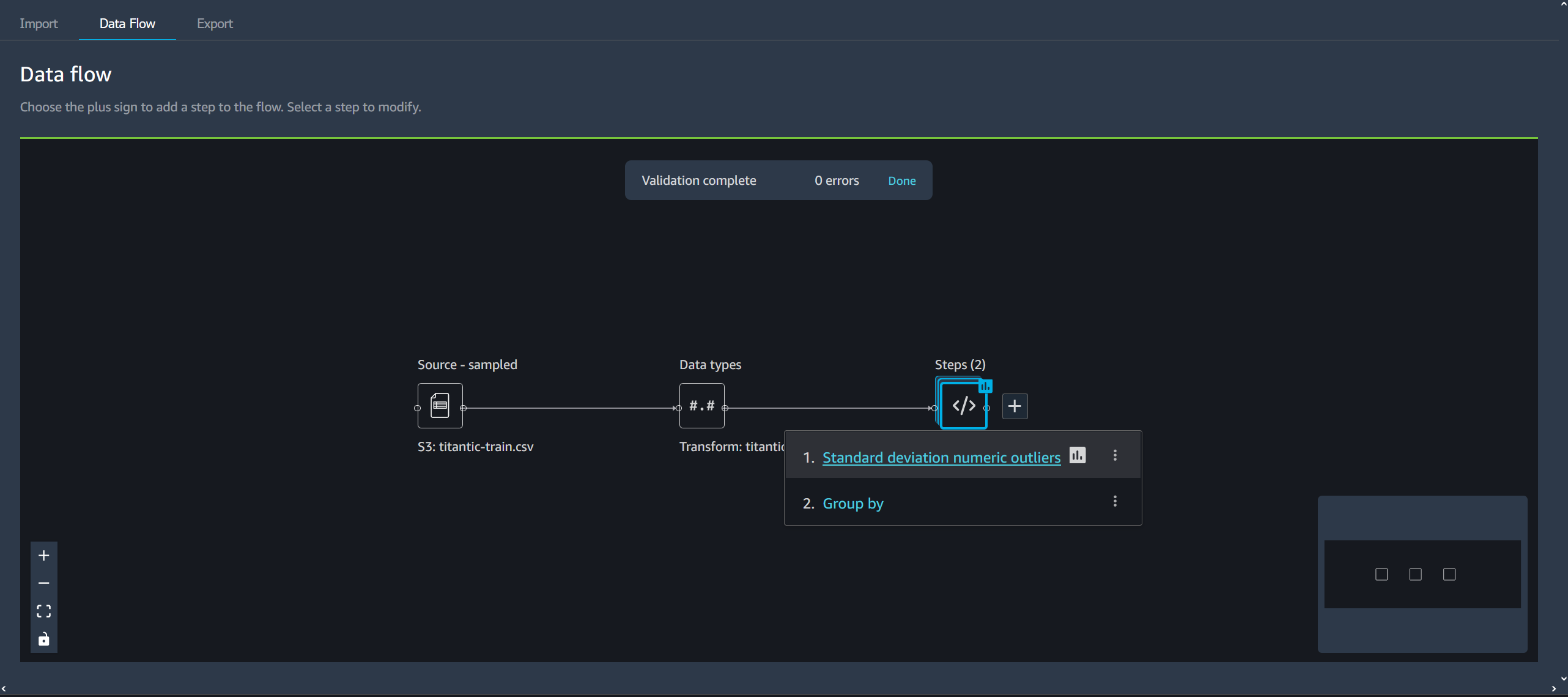 Exemple d'étape sur la page de flux de données de la console Data Wrangler.