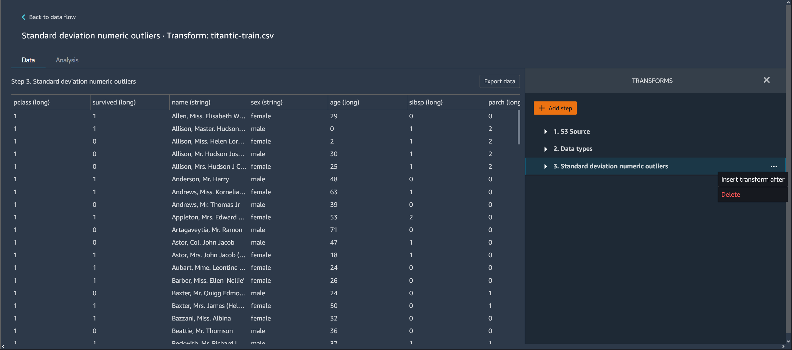 Exemple montrant comment supprimer une étape dans la vue tabulaire de la console Data Wrangler.