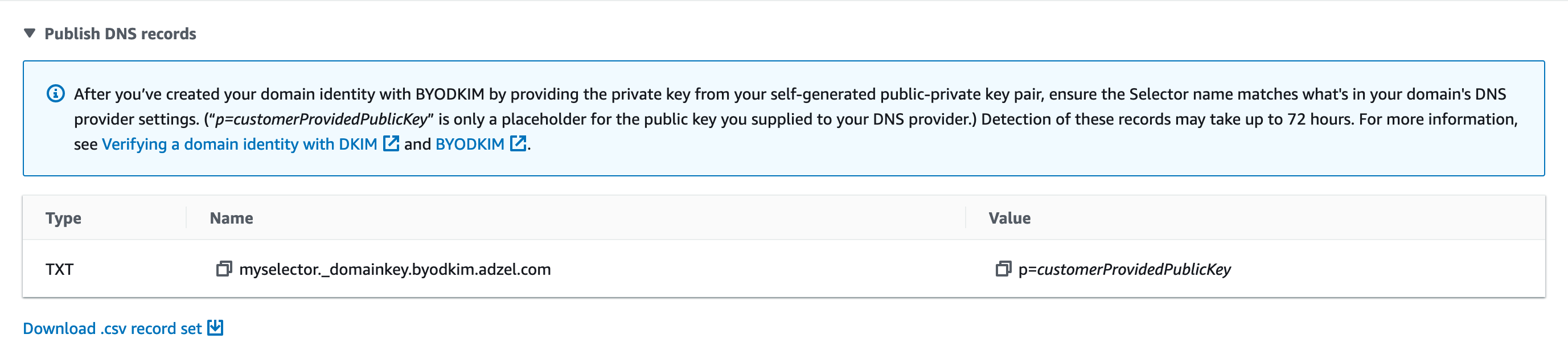 Section DKIM d'une page de détails pour une identité. Trois registres CNAME fictifs sont affichés.