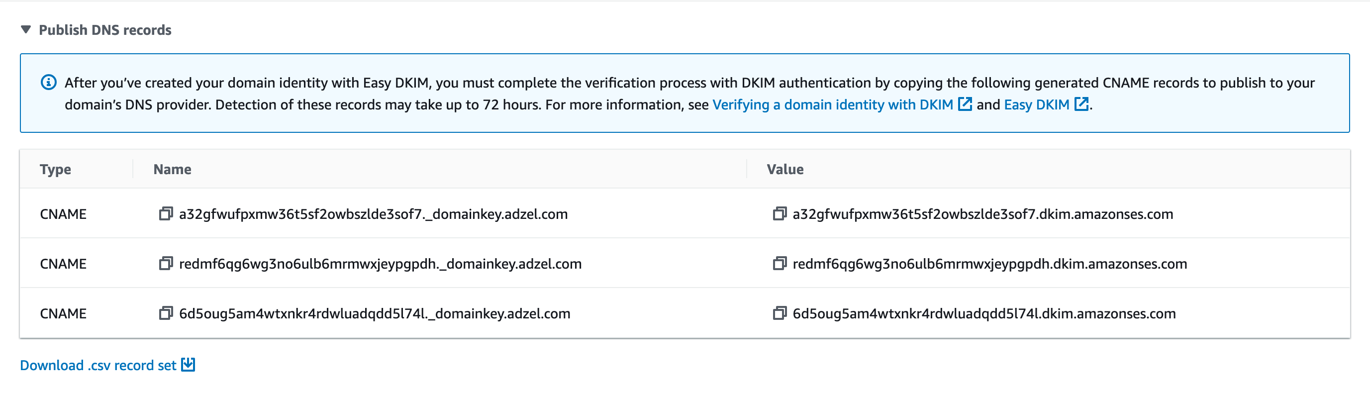 Section DKIM d'une page de détails pour une identité. Trois registres CNAME fictifs sont affichés.