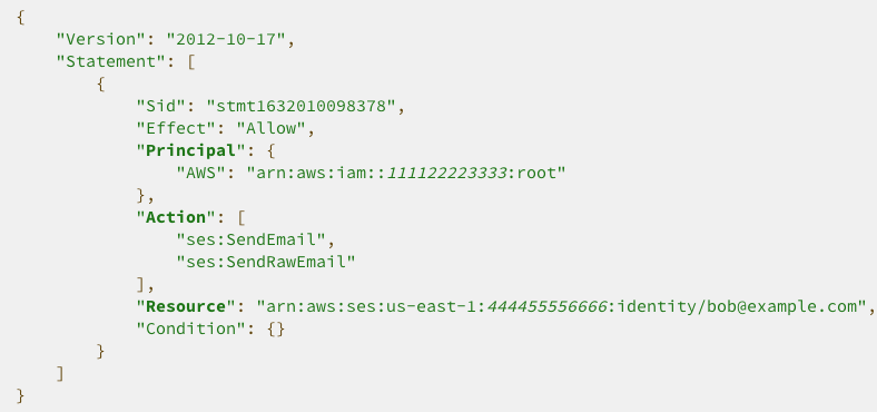 JSON policy structure allowing delegate sender to send emails on behalf of identity owner.