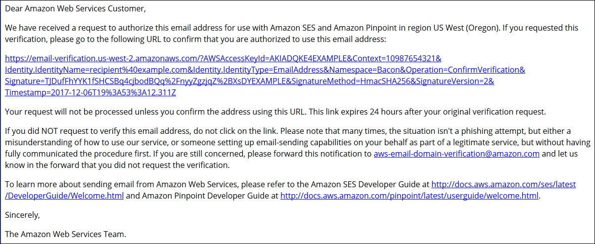 Email verification request from Amazon SES and Pinpoint with confirmation link and instructions.