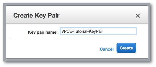 La fenêtre Créer une paire de clés avec le texte « VPCE -Tutoriel- KeyPair » dans le champ du nom de la paire de clés.