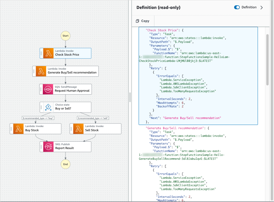 Capture d'écran illustrative du panneau d'inspection de Workflow Studio montrant la définition du code