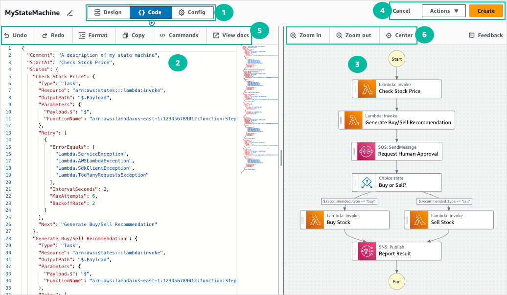 Capture d'écran illustrant la modification d'une définition de flux de travail en mode Code.