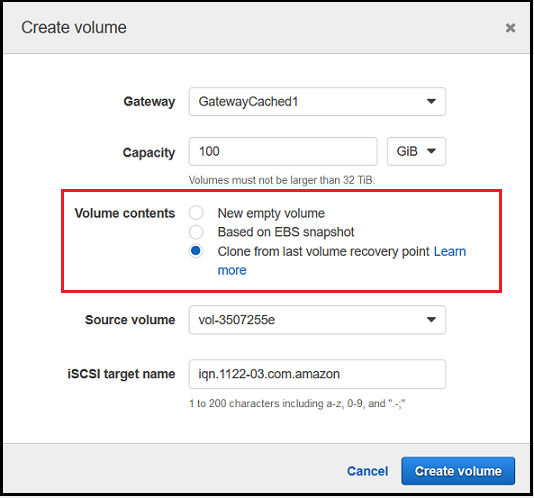 La console Storage Gateway crée une page de volume avec un clone du dernier point de récupération du volume sélectionné.