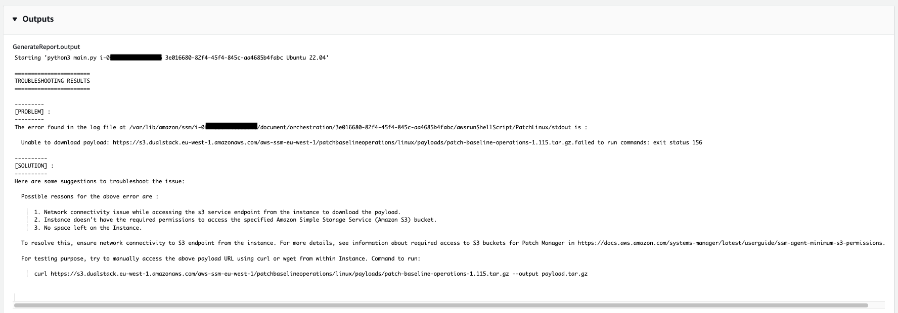 Troubleshooting results showing an error downloading payload and suggested solutions.