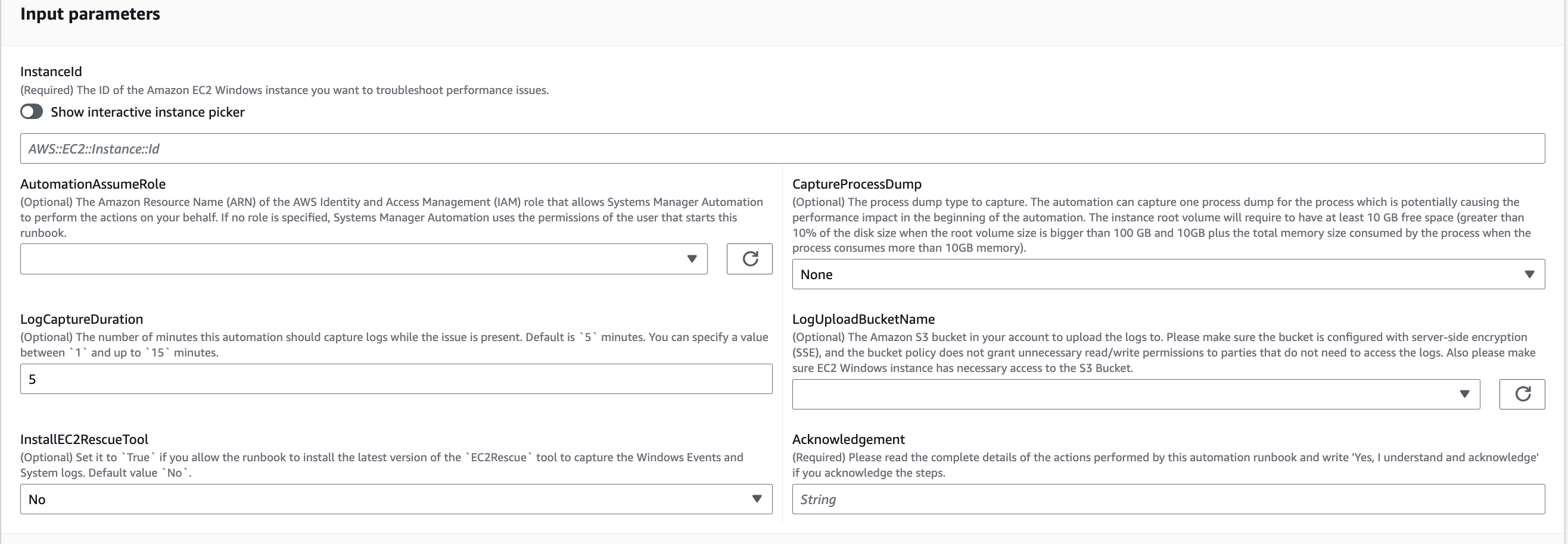 Input parameters form for troubleshooting Amazon EC2 Windows instance performance issues.