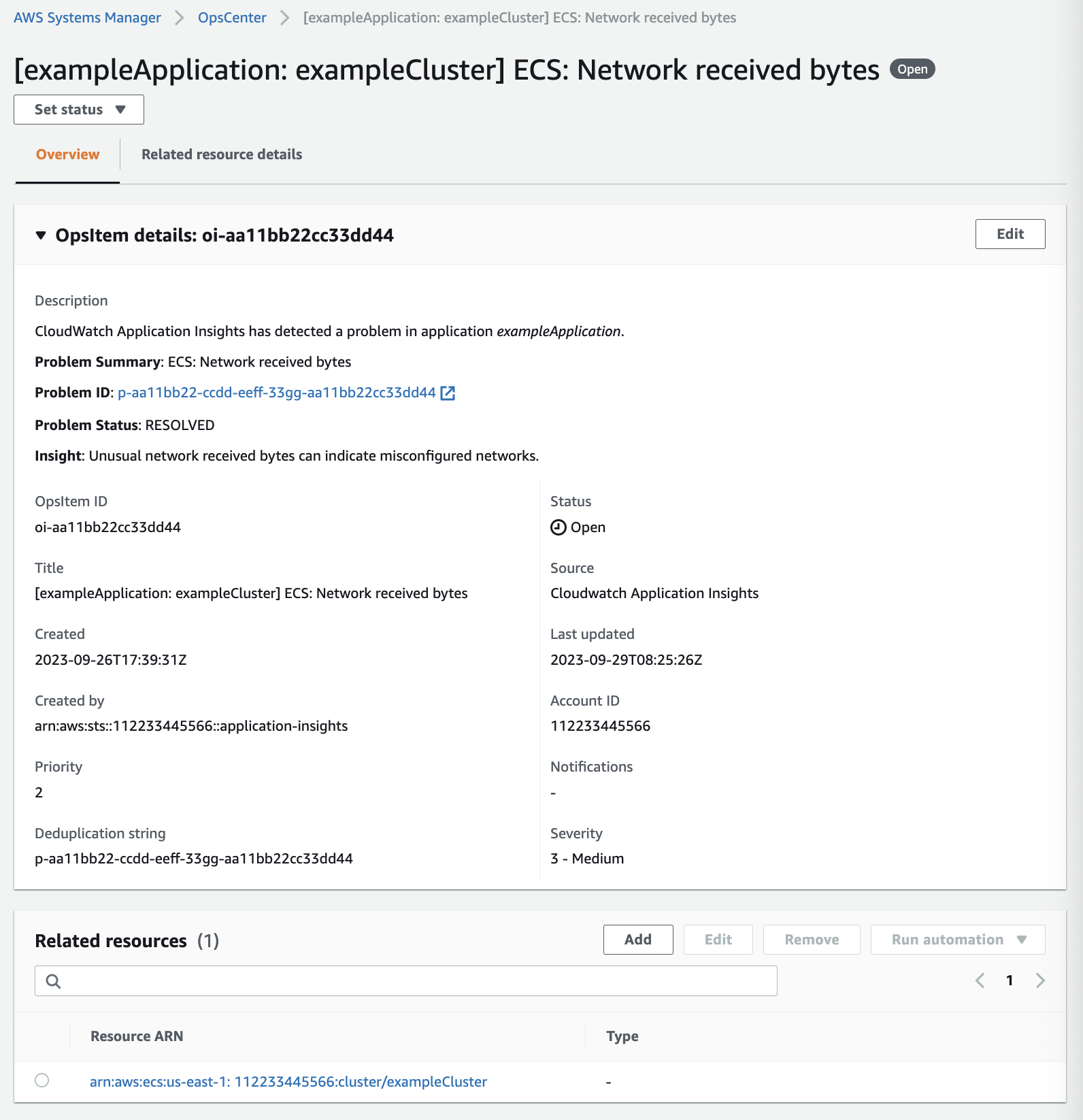 Capture d'écran montrant le nouveau format d'un OpsItem créé à partir d'un CloudWatch Insight.