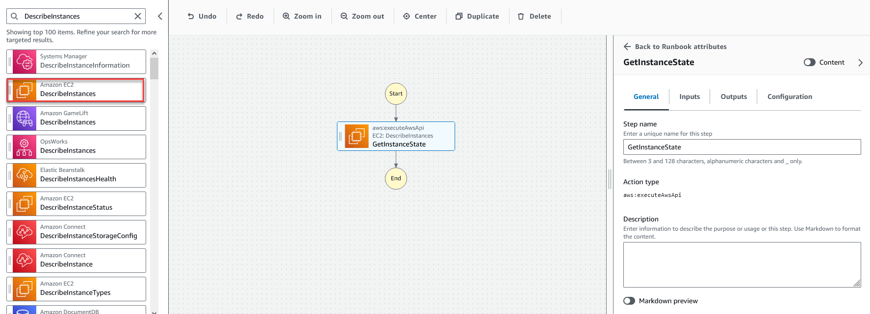 Choisissez une API action Amazon EC2 Descrivez les instances.