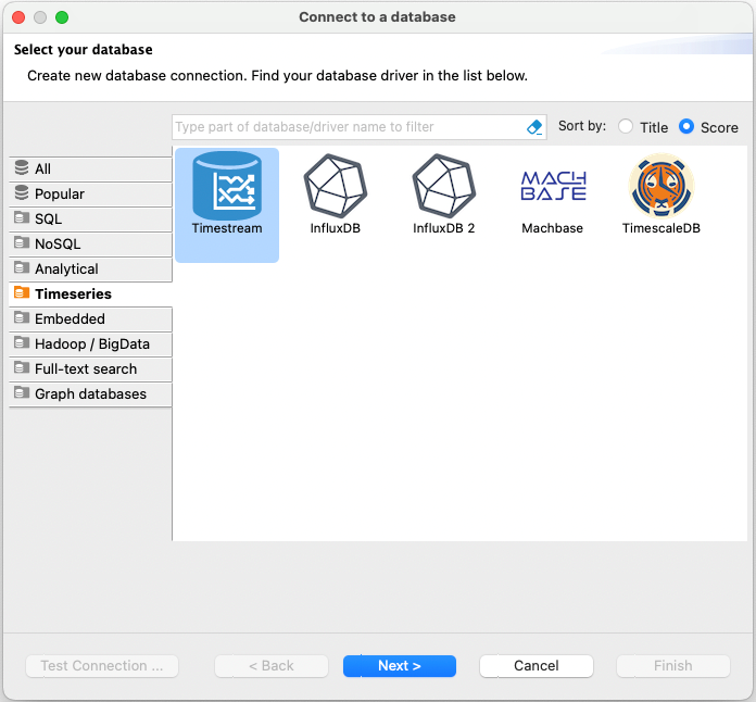 DBeavercapture d'écran montrant comment sélectionner Timestream dans la zone de sélection de la base de données.