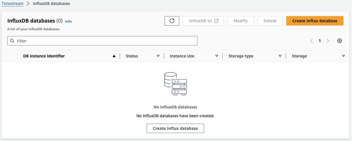 Empty InfluxDB databases list with option to create a new database.