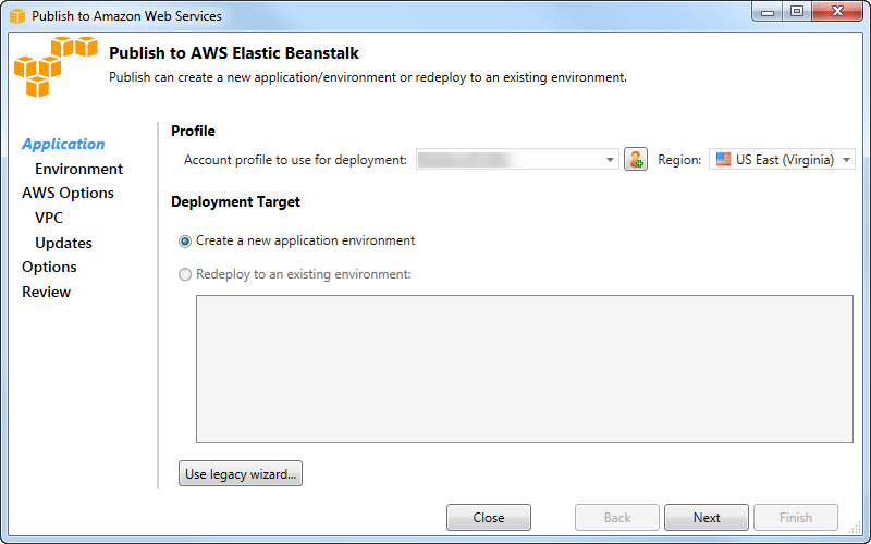 Publish to AWS Elastic Beanstalk wizard interface for creating or redeploying an application environment.