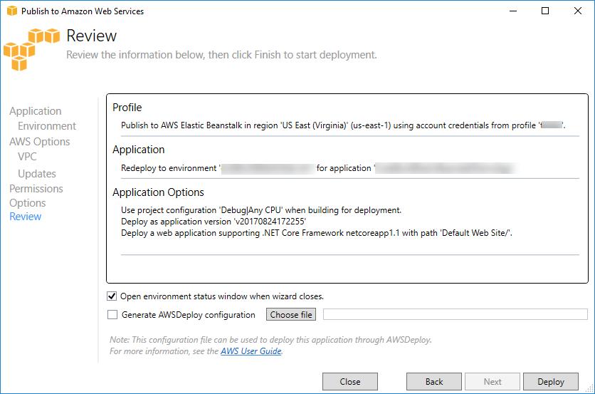 Review wizard showing deployment details for an AWS Elastic Beanstalk application.