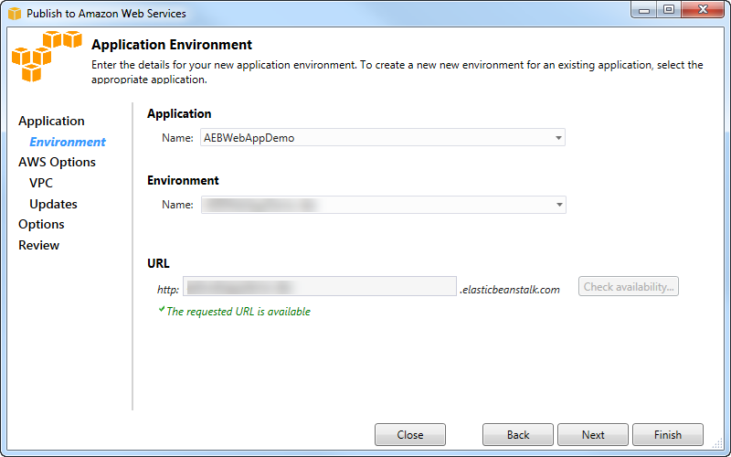 Application Environment setup page for AWS with fields for name, environment, and URL.