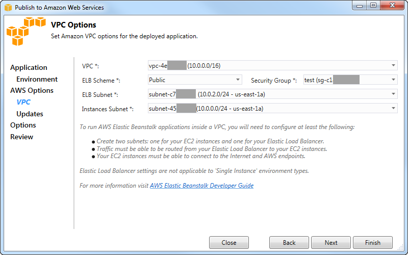 VPC Options interface for configuring AWS Elastic Beanstalk application deployment settings.