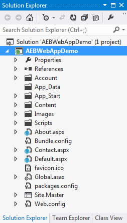 Solution Explorer window showing project structure with folders and files for a web application.