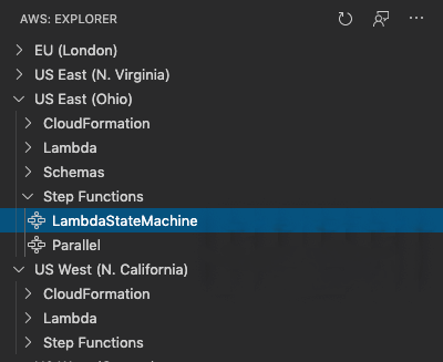 AWS Explorer menu showing regions and services, with LambdaStateMachine highlighted under Step Functions.