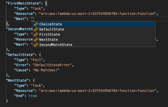 JSON code snippet showing state machine structure with task, choice, and default states.