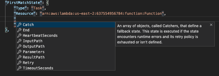 Code snippet showing AWS Lambda function properties with a tooltip describing the Catch property.