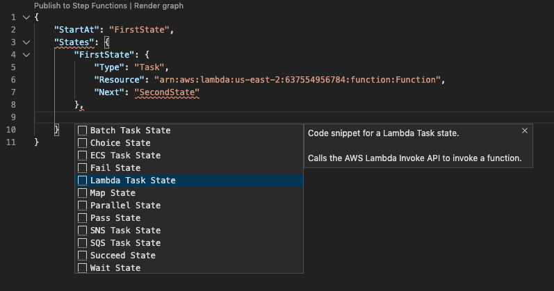 Code snippet for Lambda Task State with dropdown menu showing various state types.