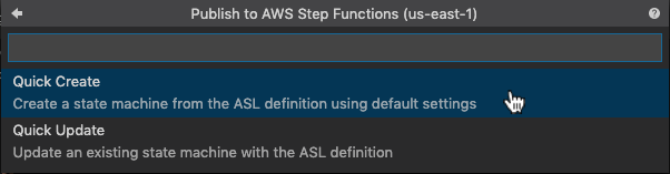 Quick Create option highlighted for creating a state machine with default settings.