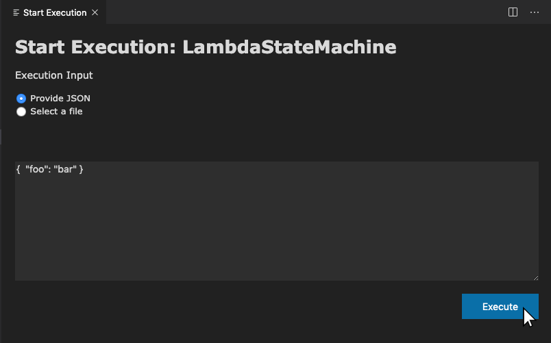 Start Execution interface for LambdaStateMachine with JSON input option and example.