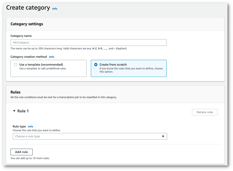 Amazon Transcribe capture d'écran de la console : la page « créer une catégorie » affichant le volet « règles ».