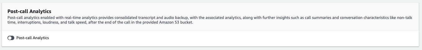 Amazon Transcribe capture d'écran de la console : le panneau d'analyse post-appel, réduit.