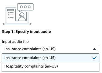 Amazon Transcribe capture d'écran de la console : une sélection déroulante pour le son d'entrée de la démo.