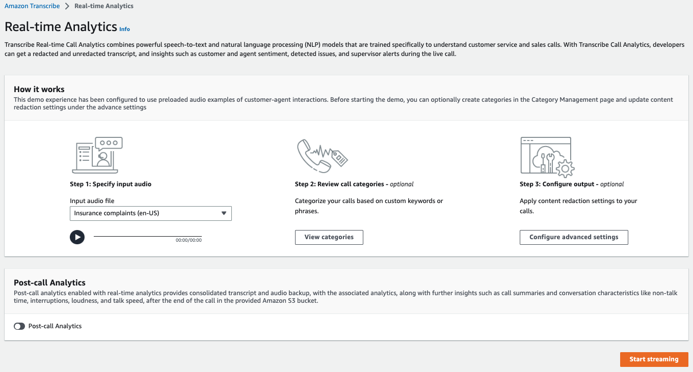 Amazon Transcribe capture d'écran de la console : la page de démonstration « analyser un appel en streaming ».