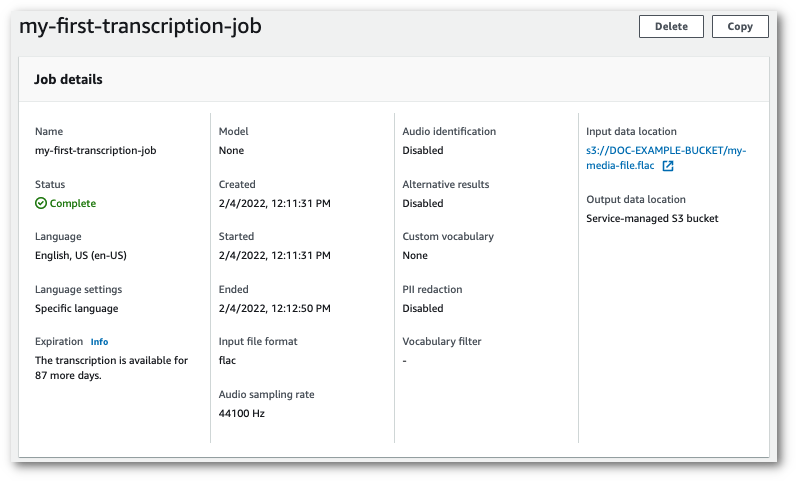 Amazon Transcribecapture d'écran de la console : page de résumé pour la transcription terminée.