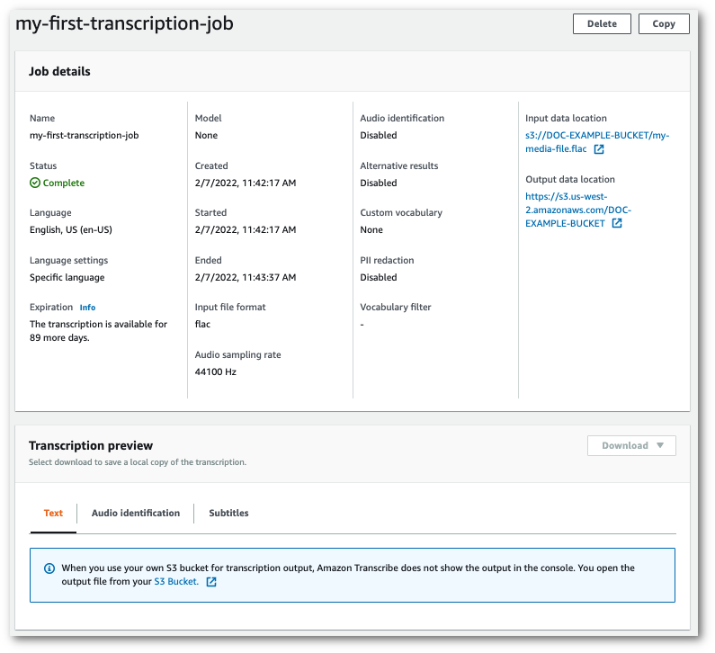 Amazon Transcribecapture d'écran de la console : page de résumé pour la transcription dans un compartiment autogéré.