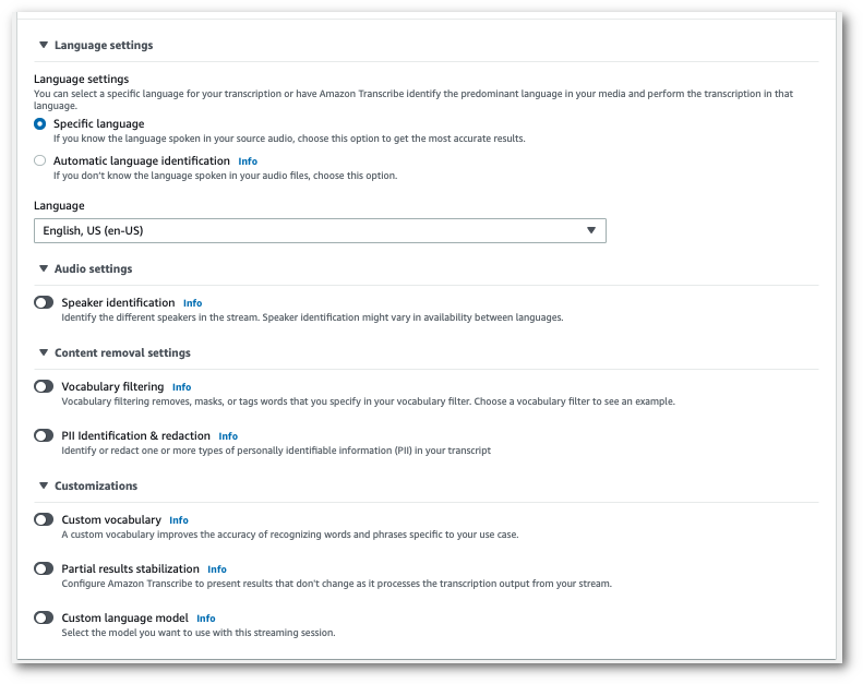 Amazon Transcribecapture d'écran de la console : liste des paramètres de transcription disponibles.