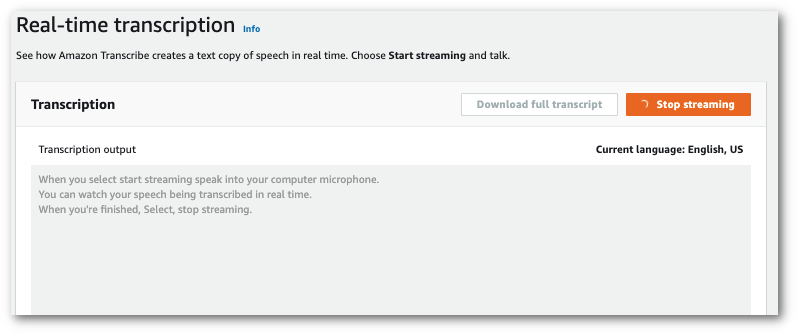 Amazon Transcribecapture d'écran de la console : exemple d'aperçu pour une transcription en temps réel.