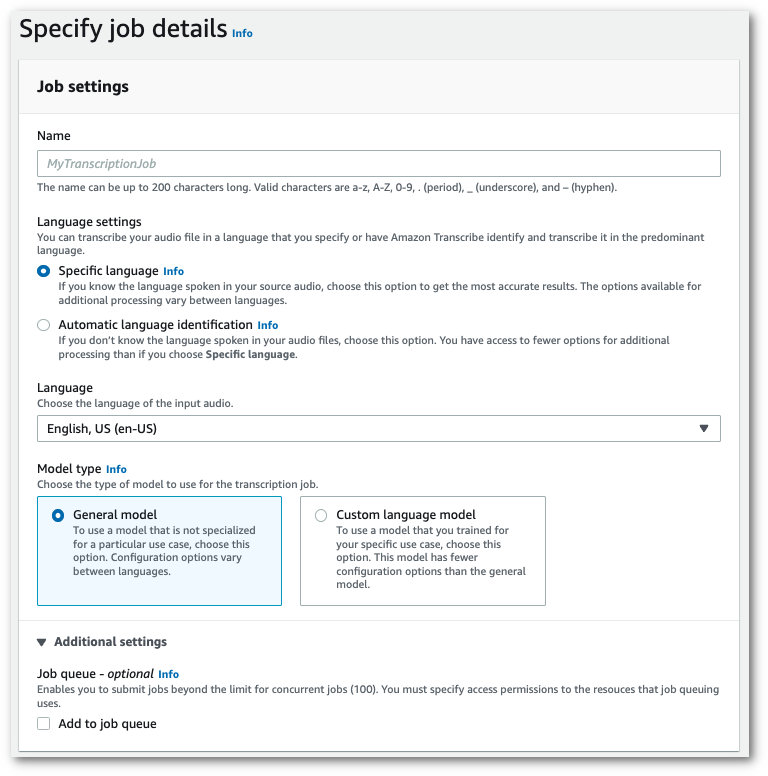 Amazon Transcribe capture d'écran de la console : la page « Spécifier les détails de la tâche ».