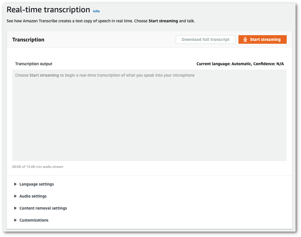 Capture d'écran de la console Amazon Transcribe : onglet « paramètres de langue » réduit de la page « transcription en temps réel ».