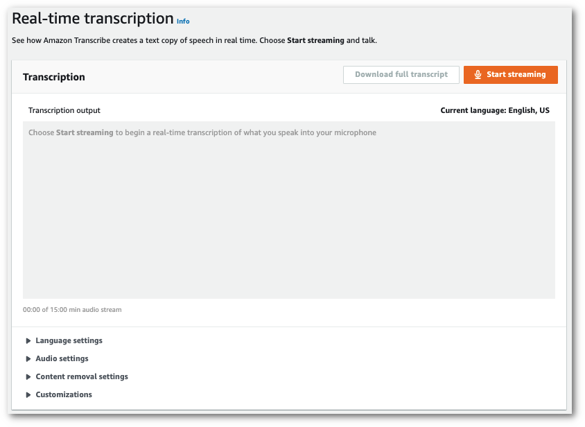 Amazon Transcribecapture d'écran de la console : la page de « transcription en temps réel ».