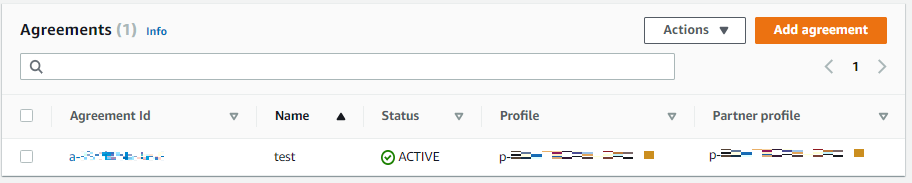 Capture d'écran de la console montrant la section Accords avec un ID d'accord et un statut de ACTIVE.