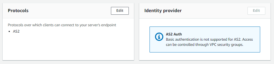 La page de console détaillée du serveur pour un serveur AS2 présentant la section sur le protocole et le fournisseur d'identité.