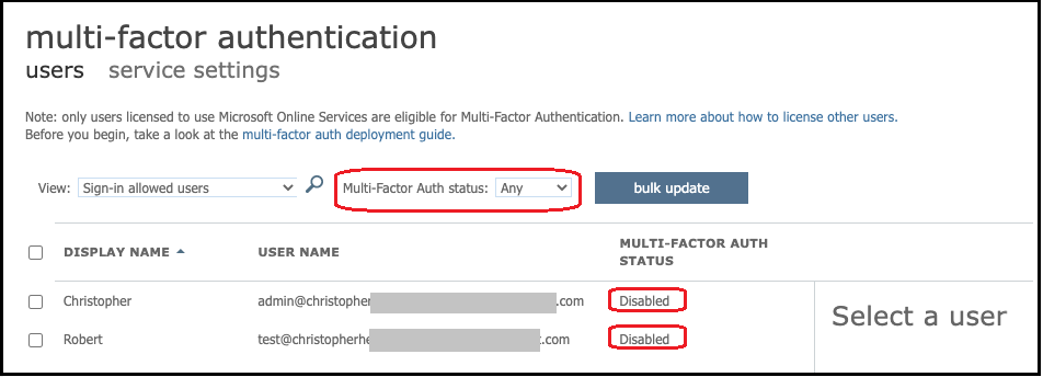 Détails de l'authentification multifactorielle Azure AD, indiquant que le MFA statut est désactivé pour deux utilisateurs.